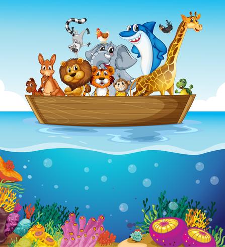 A boat at the sea with animals