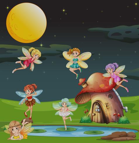 Fairies flying over the house at night vector