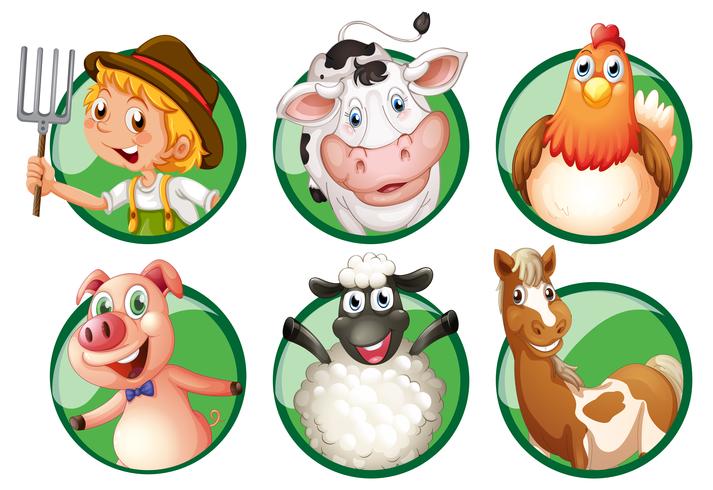 Farmer and farmanimals on round badges vector