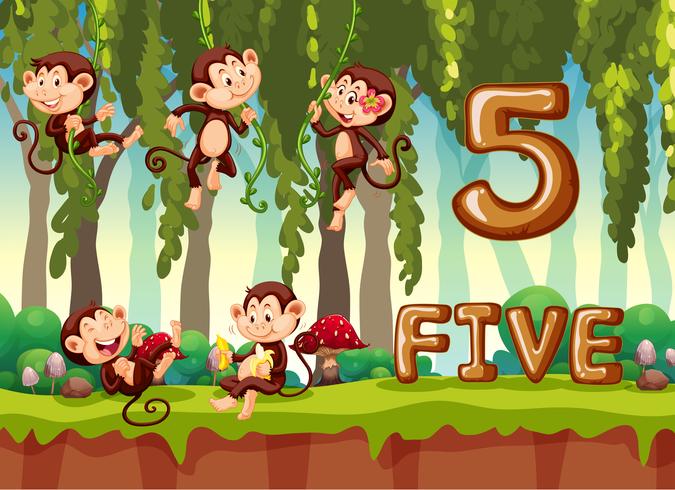 Five monkey in the jungle vector