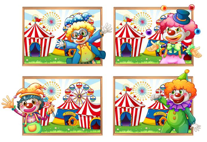 Four photo frame of clowns at the circus vector