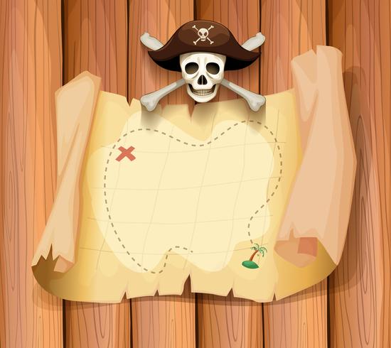 Calavera pirata y un mapa en la pared. vector