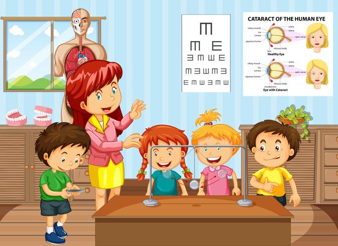 Science teacher and students in classroom vector