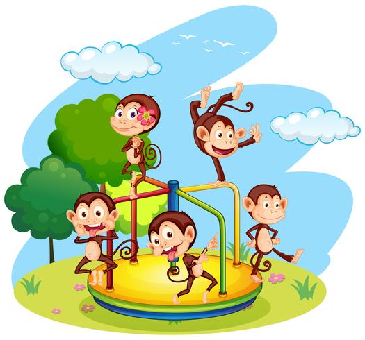 Five monkeys playing on roundabout vector
