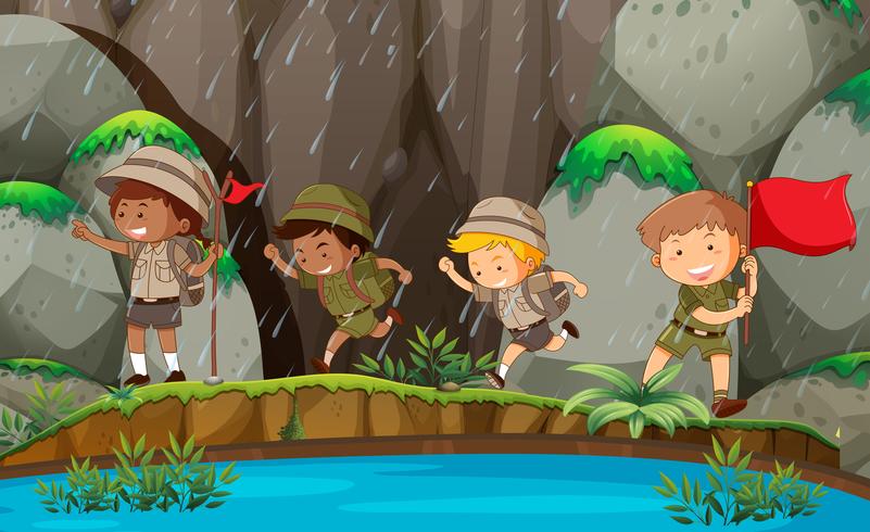 Group of boy scout in nature vector