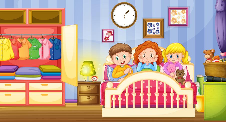 Tres niños durmiendo en el dormitorio. vector