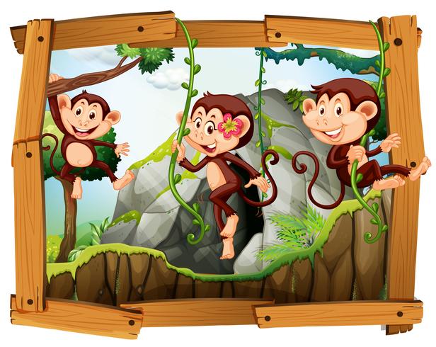 Monkeys and cave in the wooden frame vector