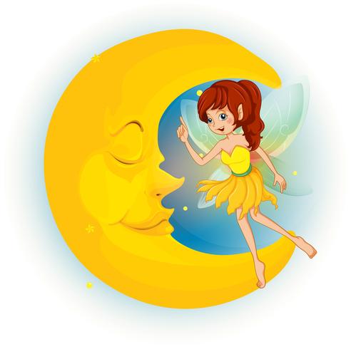 A fairy with a yellow dress beside a sleeping moon vector