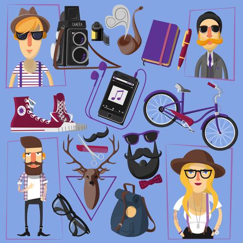 Cartel de composición de iconos planos de hipster vector