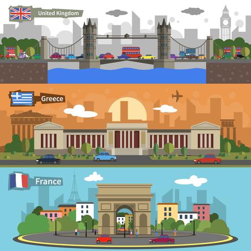 Historical landmarks skyline banners set vector