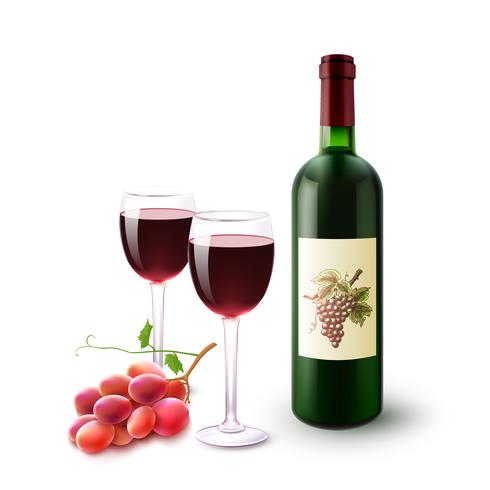 Red Wine Bottle Glasses And Grapes vector
