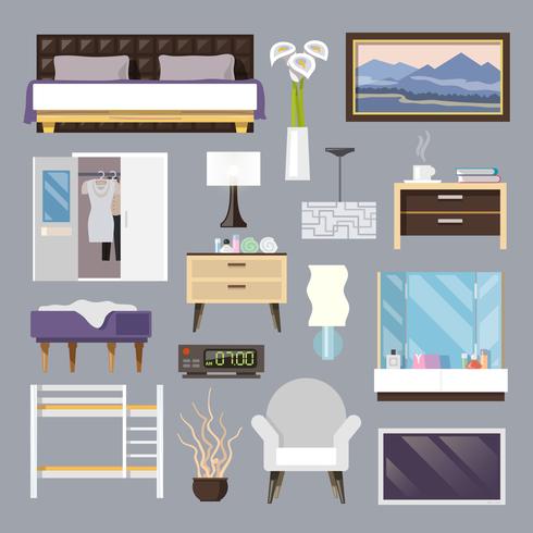 Conjunto de iconos planos de muebles de dormitorio vector