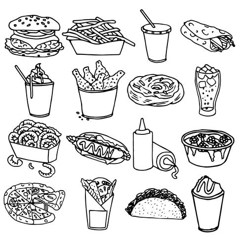 Iconos de menú de comida rápida contorno negro vector