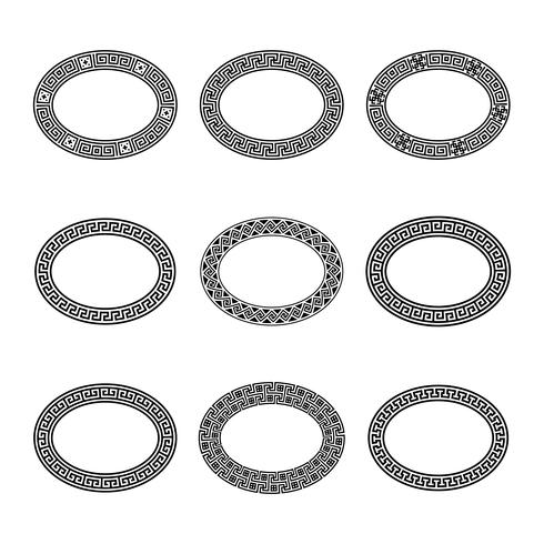 Colección de conjuntos étnicos. Fronteras antiguas en color negro sobre el fondo blanco. Marcos ovalados griegos. Con cepillos vector