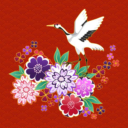 Kimono motivo decorativo con flores y grulla. vector