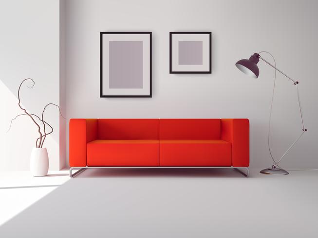 Sofá rojo con marcos y lámpara. vector
