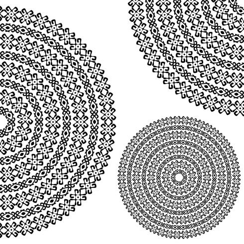 Monochromatic ethnic textures. Round whole, half and quarter ornamental vector shapes