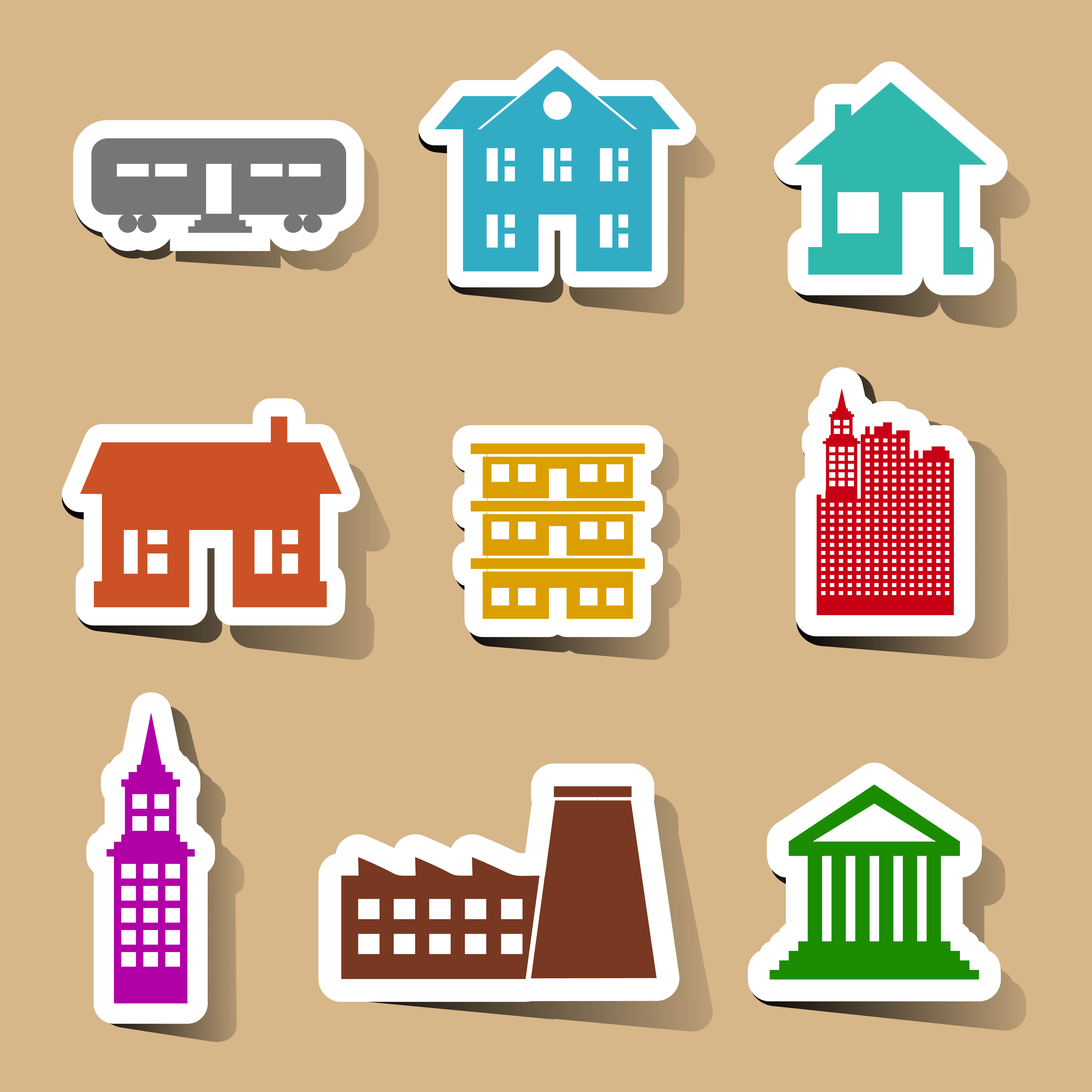 Building icons set on color stickers 435433 Vector Art at Vecteezy