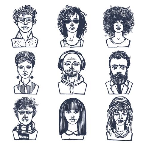 Sketch people portraits set vector