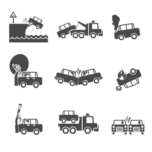 Iconos de accidente de coche blanco y negro vector
