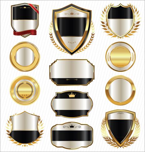 Insignias y etiquetas de oro premium de lujo vector