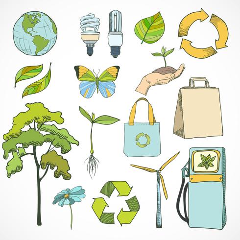 Doodles ecology and environment icons set vector