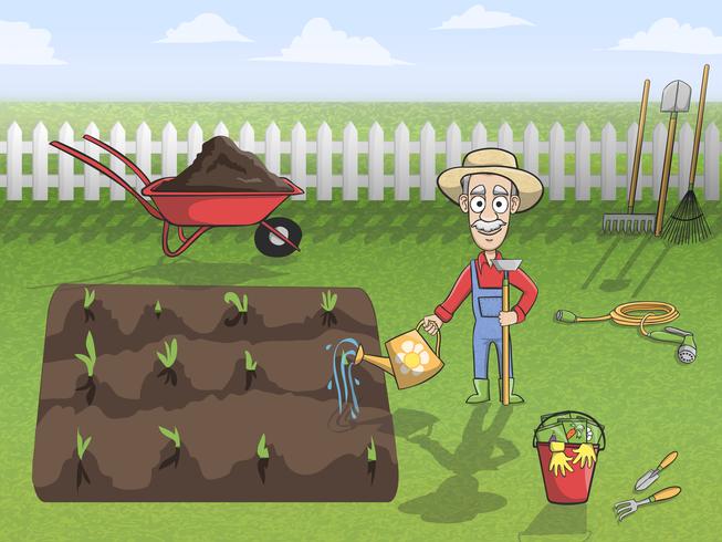 Happy gardener character at work vector