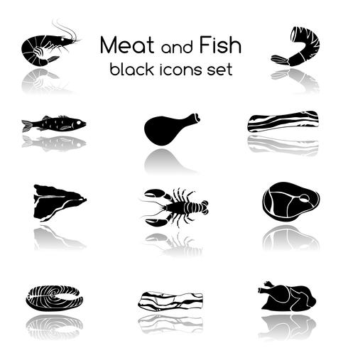 Pescado y carne iconos negros vector