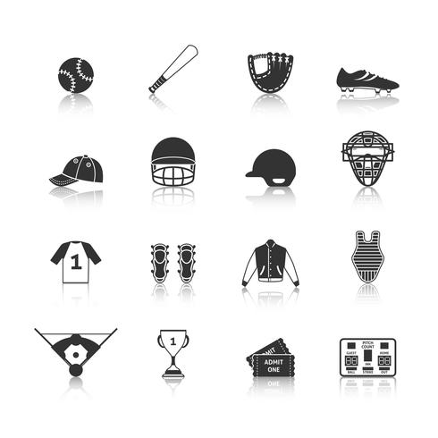 Conjunto de iconos de béisbol negro vector