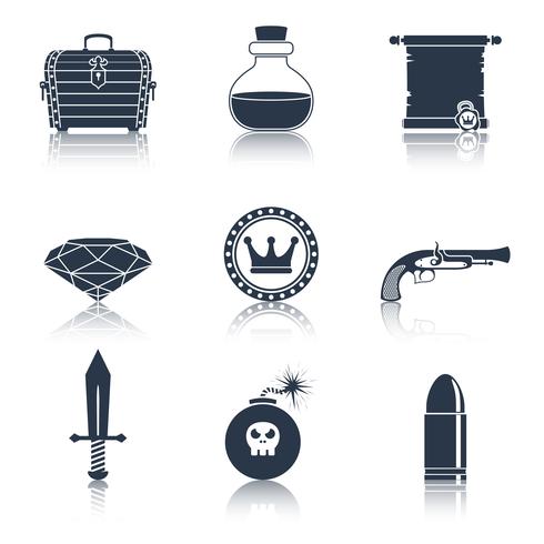 Iconos de recursos del juego negros. vector