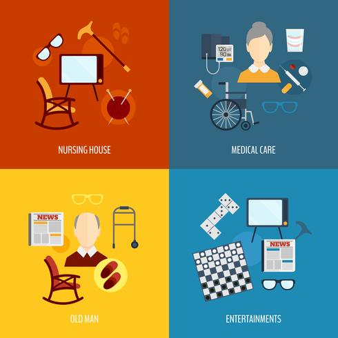 Pensioners life icons flat vector