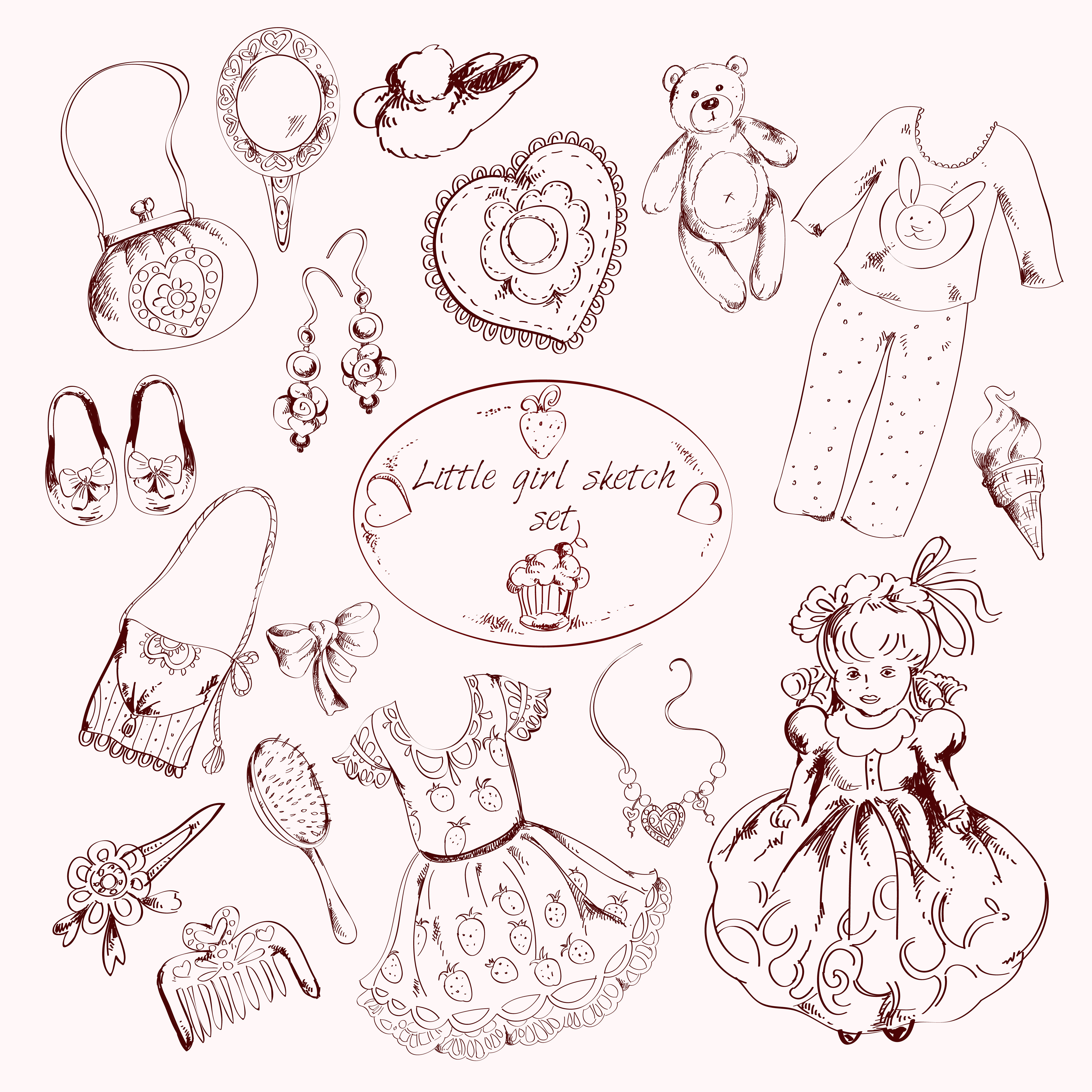 Little girl accessories set doodle sketch 437694 Vector Art at Vecteezy