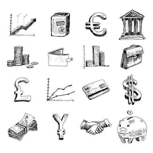 Bosquejo conjunto de iconos de finanzas vector