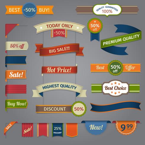 Discount retro ribbon color set vector