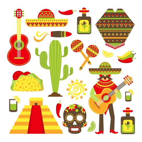 Mexico decorative icons set vector