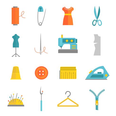 Sewing equipment icons set flat vector