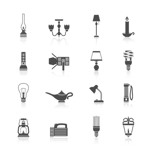 Flashlight and lamps icons black set vector