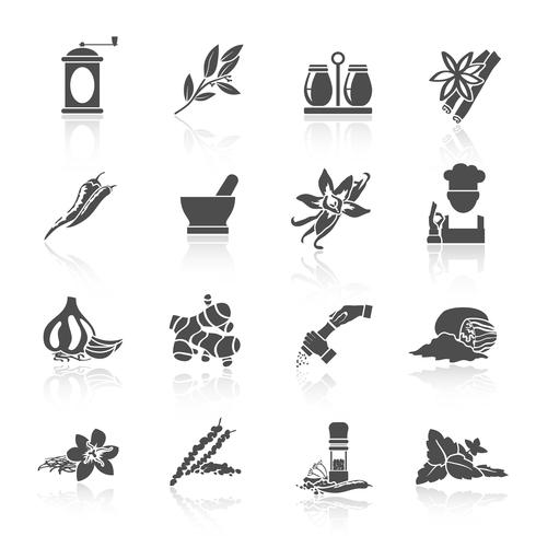 Iconos de especias negro vector