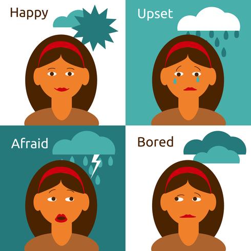 Cartoon woman character emotions icons composition vector