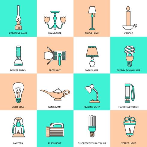 Flashlight and Lamps Icons Flat Line vector