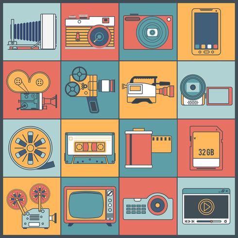 Photo video icons flat line vector