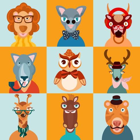 Hipster animals icons flat vector