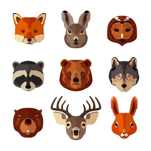 Animal portrait flat icon set vector