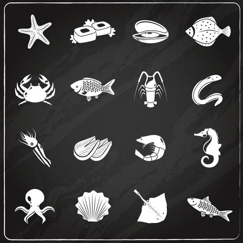 Seafood icons set chalkboard vector