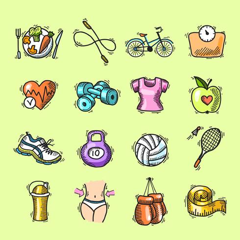 Fitness sketch colored icons set vector