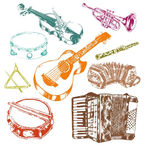 Conjunto de colores de iconos de instrumentos musicales vector