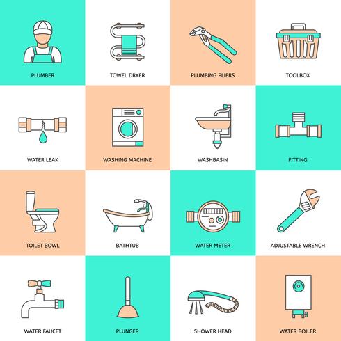 Plumbing Icons Flat Line Set vector