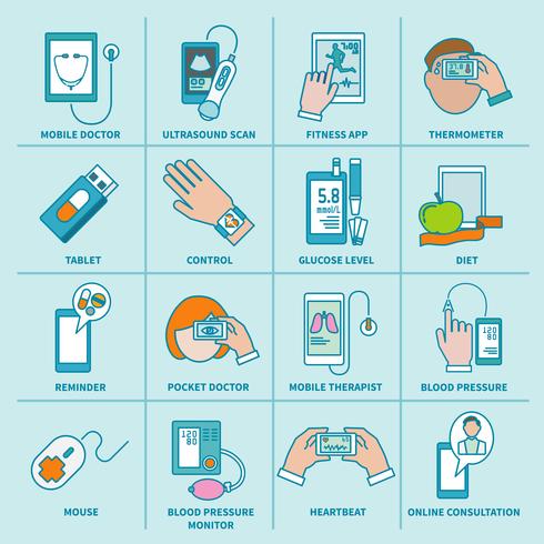 Iconos de salud digital establecidos línea plana vector