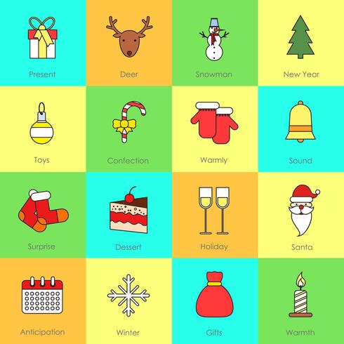 Set de iconos navideños línea plana vector