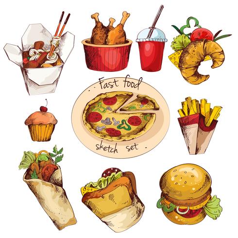 Fast food sketch set vector